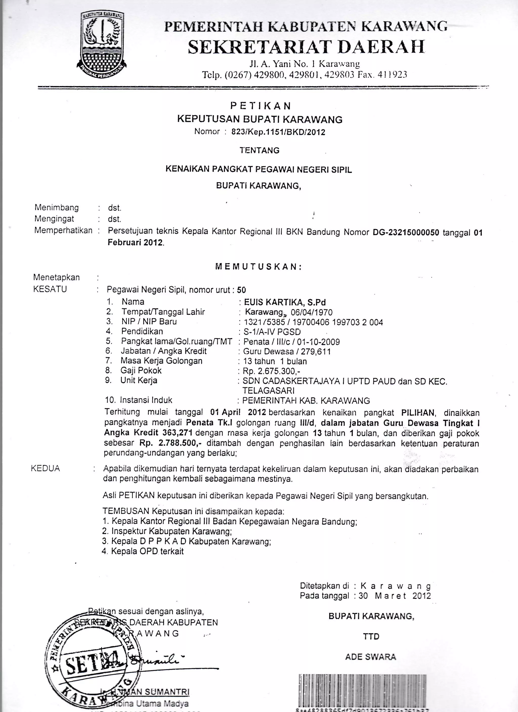 PEMERINTAH KAB UPA]'EI{ KARAhNG
SEI(RETARIAT DAERAT{
Jl. A. Yani No. I Kara',rang
Tclp. (0'267) 429800, 429801, 42980.1 Fax 4l !921
Menimbang
Mengingat
Memperhatikan
PETIKAN
KEPUTUSAN BUPATI KARAWANG
Nomcrr : 823/Kep.1 151lBKDl2012
T'ENTANG
KENAIKAN PANGKAT PEGAWAI NEGERI STPIL
BUF'ATIKARAWANG, .
dst.
dst. l
Persetujuan teknis Kepala Kantor Regional lll BKN Bandung Nomor DG-23215000050 tanggal 01
Februari2012.
MEMUTUSKAN:
Menetapkan :
KESATU : Pegawai NegeriSipil, nomor urut: 50
1. Nama : EUIS KARTIKA, S.Pd
2. TempaUTanggal Lahir : Karawang * 0610411970
3. NIP / NIP Baru : 1321 /5385 I 19700406 199703 2 004
4. Pendidikan : S-l/A-|V PGSD
5. Pangkat lama/Gol.ruangiTMT : Penata lllltc l0'1-10-2009
6. Jabatan / Angka Kredit : Guru Dewasa I 279,611
7. Masa Kerja Golongan : 13 tahun 1 bulan
L Gaji Pokok
9. Unit Kerja
: Rp. 2.675.300,-
: SDN CADASKERTAJAYA I UPTD PAUD dan SD KEC.
KEDUA
10 rnstansi rnduk JEhilt#'itrlr KB xnRp,wANG
Terhitung mttlai tanggal 01 April 2012 berdasarkan kenaikan pangkat PILIHAN, dinaikkan
pangkatnya menjadi Penata Tk.l golongan ruang lll/d, dalam jabatan Guru Dewasa Tingkat I
Angka Kredit 363,271dengan rnasa ke;'ja golongan 13 tahun 1 bulan, dan diberikan gaji pokok
sebesar Rp. 2.788.500,- ditambah dengan penghasilan iain berdasarkan ketentuan peraturan
perundang-undangan yang berlaku;
Apabila dikemudian hari ternyata terdapat kekeliruan dalam keputusan ini, akan diadakan perbaikan
dan penghitungan kembali sebagaimana mestinya.
Asli PETIKAN keputusan ini diberikan kepada Pegawai Negeri Sipilyang bersangkutan.
TEMBUSAN Keputusan ini ,Jisanrpaikan kepada:
1. Kepala Kantor Regional lll Badan Kepegawaian l.legara tsandung;
2. lnspektur Kabupaten Karawang,
3. Kepala D P P KA D Kabupaten Karawang;
4. Kepala OPD terkait
Ditetapkandi : K a r a w a n g
Padatanggal :30 Mare I 2012
BUPATI KAMWANG.
TTD
ADE SWARA
':. _
sesuai dengan aslinya,
DAERAH MBUPATEN
sEt
 