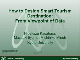 Kyoto University
How to Design Smart Tourism
Destination:  
From Viewpoint of Data
Hidekazu Kasahara,  
Masaaki Iiyama, Michihiko Minoh
Kyoto University
1
EU-Japan Workshop on Big
Data for Sustainability and
Tourism
 