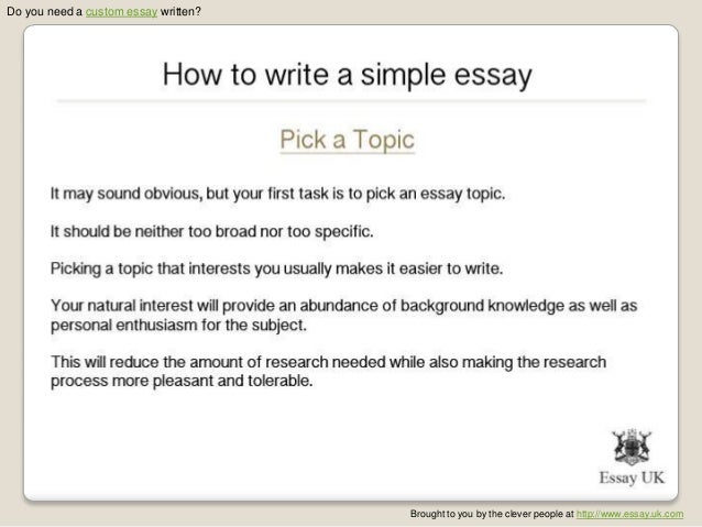 Part 2 Writing the Essay 1 Outline the essay in sections.Organize the essay by creating a brief outline.Do this in sections: introduction, body, and conclusion.The standard is to have a five paragraph essay, one paragraph for introduction, three paragraphs for body, and one for conclusion.