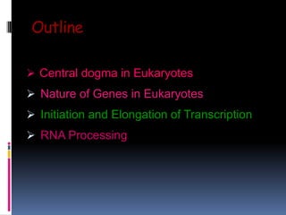 Outline
 Central dogma in Eukaryotes
 Nature of Genes in Eukaryotes
 Initiation and Elongation of Transcription
 RNA Processing
 