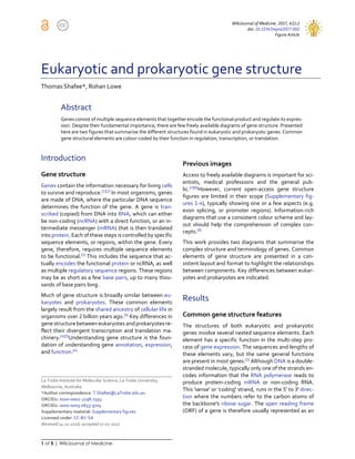 WikiJournal of Medicine, 2017, 4(1):2
doi: 10.15347/wjm/2017.002
Figure Article
1 of 5 | WikiJournal of Medicine
Eukaryotic and prokaryotic gene structure
Thomas Shafee*, Rohan Lowe
Abstract
Genes consist of multiple sequence elements that together encode the functional product and regulate its expres-
sion. Despite their fundamental importance, there are few freely available diagrams of gene structure. Presented
here are two figures that summarise the different structures found in eukaryotic and prokaryotic genes. Common
gene structural elements are colour-coded by their function in regulation, transcription, or translation.
Introduction
Gene structure
Genes contain the information necessary for living cells
to survive and reproduce.[1][2]
In most organisms, genes
are made of DNA, where the particular DNA sequence
determines the function of the gene. A gene is tran-
scribed (copied) from DNA into RNA, which can either
be non-coding (ncRNA) with a direct function, or an in-
termediate messenger (mRNA) that is then translated
into protein. Each of these steps is controlled by specific
sequence elements, or regions, within the gene. Every
gene, therefore, requires multiple sequence elements
to be functional.[2]
This includes the sequence that ac-
tually encodes the functional protein or ncRNA, as well
as multiple regulatory sequence regions. These regions
may be as short as a few base pairs, up to many thou-
sands of base pairs long.
Much of gene structure is broadly similar between eu-
karyotes and prokaryotes. These common elements
largely result from the shared ancestry of cellular life in
organisms over 2 billion years ago.[3]
Key differences in
gene structure between eukaryotes andprokaryotes re-
flect their divergent transcription and translation ma-
chinery.[4][5]
Understanding gene structure is the foun-
dation of understanding gene annotation, expression,
and function.[6]
Previous images
Access to freely available diagrams is important for sci-
entists, medical professions and the general pub-
lic.[7][8]
However, current open-access gene structure
figures are limited in their scope (Supplementary fig-
ures 1-4), typically showing one or a few aspects (e.g.
exon splicing, or promoter regions). Information-rich
diagrams that use a consistent colour scheme and lay-
out should help the comprehension of complex con-
cepts.[9]
This work provides two diagrams that summarise the
complex structure and terminology of genes. Common
elements of gene structure are presented in a con-
sistent layout and format to highlight the relationships
between components. Key differences between eukar-
yotes and prokaryotes are indicated.
Results
Common gene structure features
The structures of both eukaryotic and prokaryotic
genes involve several nested sequence elements. Each
element has a specific function in the multi-step pro-
cess of gene expression. The sequences and lengths of
these elements vary, but the same general functions
are present in most genes.[2]
Although DNA is a double-
stranded molecule, typically only one of the strands en-
codes information that the RNA polymerase reads to
produce protein-coding mRNA or non-coding RNA.
This 'sense' or 'coding' strand, runs in the 5' to 3' direc-
tion where the numbers refer to the carbon atoms of
the backbone's ribose sugar. The open reading frame
(ORF) of a gene is therefore usually represented as an
La Trobe Institute for Molecular Science, La Trobe University,
Melbourne, Australia
*Author correspondence: T.Shafee@LaTrobe.edu.au
ORCID1: 0000-0002-2298-7593
ORCID2: 0000-0003-0653-9704
Supplementary material: Supplementary figures
Licensed under: CC-BY-SA
Received 14-11-2016; accepted 17-01-2017
 