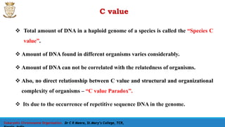 C value
 Total amount of DNA in a haploid genome of a species is called the “Species C
value”.
 Amount of DNA found in different organisms varies considerably.
 Amount of DNA can not be correlated with the relatedness of organisms.
 Also, no direct relationship between C value and structural and organizational
complexity of organisms – “C value Paradox”.
 Its due to the occurrence of repetitive sequence DNA in the genome.
Eukaryotic Chromosome Organisation, Dr C R Meera, St.Mary’s College, TCR,
 