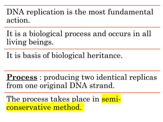 DNA replication is the most fundamental
action.
It is a biological process and occurs in all
living beings.
It is basis of biological heritance.
Process : producing two identical replicas
from one original DNA strand.
The process takes place in semi-
conservative method.
 