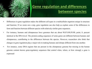 Gene regulation and differences
between species
• Differences in gene regulation makes the different cell types in a multicellular organism unique in structure
and function. If we zoom out a step, gene regulation can also help us explain some of the differences in
form and function between different species with relatively similar gene sequences.
• For instance, humans and chimpanzees have genomes that are about 98.8%98.8%98, point, 8, percent
identical at the DNA level. The protein-coding sequences of some genes are different between humans and
chimpanzees, contributing to the differences between the species. However, researchers also think that
changes in gene regulation play a major role in making humans and chimps different from one another.
• For instance, some DNA regions that are present in the chimpanzee genome but missing in the human
genome contain known gene-regulatory sequences that control when, where, or how strongly a gene is
expressed
 