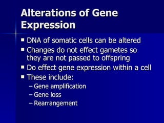 Alterations of Gene Expression DNA of somatic cells can be altered Changes do not effect gametes so they are not passed to offspring Do effect gene expression within a cell These include:  Gene amplification Gene loss Rearrangement 