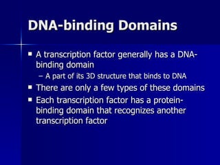 DNA-binding Domains A transcription factor generally has a DNA-binding domain A part of its 3D structure that binds to DNA There are only a few types of these domains Each transcription factor has a protein-binding domain that recognizes another transcription factor 