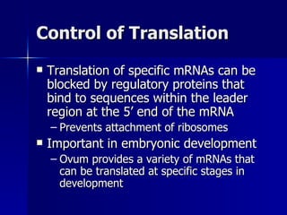 Control of Translation Translation of specific mRNAs can be blocked by regulatory proteins that bind to sequences within the leader region at the 5’ end of the mRNA Prevents attachment of ribosomes Important in embryonic development Ovum provides a variety of mRNAs that can be translated at specific stages in development 