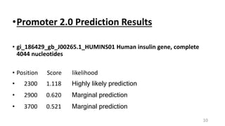 •Promoter 2.0 Prediction Results
• gi_186429_gb_J00265.1_HUMINS01 Human insulin gene, complete
4044 nucleotides
• Position Score likelihood
• 2300 1.118 Highly likely prediction
• 2900 0.620 Marginal prediction
• 3700 0.521 Marginal prediction
10
 