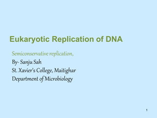 Eukaryotic Replication of DNA
Semiconservativereplication,
By- Sanju Sah
St. Xavier’s College, Maitighar
Department of Microbiology
1
 