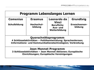 Programm Lebenslanges Lernen Comenius Schulbildung Erasmus Hochschul-bildung Leonardo da Vinci Berufliche  Aus- und Weiterbildung Grundtvig Erwachsenen-bildung Querschnittsprogramm 4 Schlüsselaktivitäten – Politikentwicklung; Sprachenlernen; Informations- und Kommunikationstechnologien; Verbreitung Jean Monnet Programm 3 Schlüsselaktivitäten – Jean Monnet Aktionen; Europäische Einrichtungen; Europäische Vereinigungen 