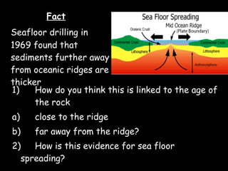 Fact Seafloor drilling in 1969 found that sediments further away from oceanic ridges are thicker 1) How do you think this is linked to the age of  the rock a) close to the ridge b) far away from the ridge? 2) How is this evidence for sea floor  spreading? 