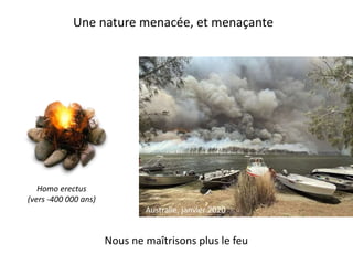 Nous ne maîtrisons plus le feu
Une nature menacée, et menaçante
Australie, janvier 2020
Homo erectus
(vers -400 000 ans)
 