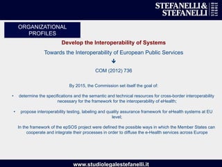 www.studiolegalestefanelli.it
Develop the Interoperability of Systems
Towards the Interoperability of European Public Services
ê
COM (2012) 736
By 2015, the Commission set itself the goal of:
•  determine the specifications and the semantic and technical resources for cross-border interoperability
necessary for the framework for the interoperability of eHealth;
•  propose interoperability testing, labeling and quality assurance framework for eHealth systems at EU
level;
In the framework of the epSOS project were defined the possible ways in which the Member States can
cooperate and integrate their processes in order to diffuse the e-Health services across Europe
ORGANIZATIONAL
PROFILES
 