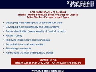 www.studiolegalestefanelli.it
•  Developing the leadership role of each Member State
•  Developing the interoperability of eHealth systems
•  Patient identification (interoperability of medical records)
•  Patient mobility
•  Improving infrastructure and technologies
•  Accreditation for an eHealth market
•  Stimulating investments
•  Harmonizing the legal and regulatory profiles
COM(2012) 736
eHealth Action Plan 2012-2020 – An Innovative HealthCare
COM (2004) 356 of the 30 April 2004
eHealth – Making HealthCare Better for Eureopean Citizens
Action Plan for a European eHealth Space
 