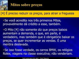 Mitos sobre preços Se você acredita nos três primeiros Mitos, provavelmente dá crédito a esse, também. O Mito [4] não somente diz que preços baixos aumentam a demanda, o que, em parte, é verdadeiro, mas também que é obrigatório baixar os preços, se quer incrementar as vendas. É uma mentira deslavada. Se isso fosse verdade, os carros BMW, os relógios Rolex, viagens na classe executiva; não venderiam. [4] É preciso reduzir os preços, para atrair a freguesia 
