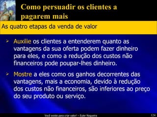 Como persuadir os clientes a pagarem mais Auxilie  os clientes a entenderem quanto as vantagens da sua oferta podem fazer dinheiro para eles, e como a redução dos custos não financeiros pode poupar-lhes dinheiro. Mostre  a eles como os ganhos decorrentes das vantagens, mais a economia, devido à redução dos custos não financeiros, são inferiores ao preço do seu produto ou serviço. As quatro etapas da venda de valor 