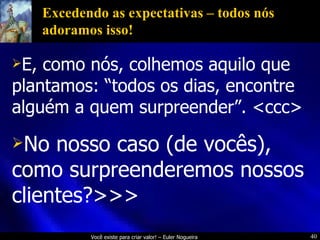 Excedendo as expectativas – todos nós adoramos isso! E, como nós, colhemos aquilo que plantamos: “todos os dias, encontre alguém a quem surpreender”. <ccc> No nosso caso (de vocês), como surpreenderemos nossos clientes?>>> 