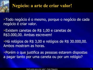 Negócio: a arte de criar valor! Todo negócio é o mesmo, porque o negócio de cada negócio é criar valor. Existem canetas de R$ 1,00 e canetas de R$3.000,00. Ambas escrevem! Há relógios de R$ 3,00 e relógios de R$ 30.000,00. Ambos mostram as horas. Porém o que justifica as pessoas estarem dispostas a pagar tanto por uma caneta ou por um relógio? 