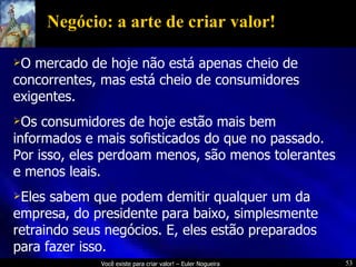 Negócio: a arte de criar valor! O mercado de hoje não está apenas cheio de concorrentes, mas está cheio de consumidores exigentes. Os consumidores de hoje estão mais bem informados e mais sofisticados do que no passado. Por isso, eles perdoam menos, são menos tolerantes e menos leais. Eles sabem que podem demitir qualquer um da empresa, do presidente para baixo, simplesmente retraindo seus negócios. E, eles estão preparados para fazer isso. 