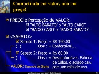 Competindo em valor, não em preço! PREÇO e Percepção de VALOR: “ ALTO BARATO” x “ALTO CARO” “ BAIXO CARO” x “BAIXO BARATO” <SAPATO> Sapato 1: Preço = R$ 190,00 (  )   Obs.: = Confortável,... Sapato 2: Preço = R$ 60,00 (  )   Obs.: = Desconfortável, Fábrica    de Calos, o solado caiu    com um mês de uso. VALOR:  Depende do Cliente 