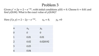 Problem 3
Given 𝑦′ + 2𝑦 = 2 − 𝑒−4𝑥, with initial conditions 𝑦 0 = 0. Choose ℎ = 0.01 and
find 𝑦 0.04 . What is the exact value of 𝑦 0.04 ?
Here 𝑓 𝑥, 𝑦 = 2 − 2𝑦 − 𝑒−4𝑥, 𝑥0 = 0, 𝑦0 =0
n 𝑥 𝑛 𝑦𝑛
0 0 0
1 0.01 0.01
2 0.02 0.020192
3 0.03
4 0.04
 