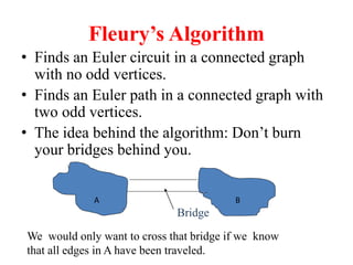 Fleurys Algorithm
 Finds an Euler circuit in a connected graph
with no odd vertices.
 Finds an Euler path in a connected graph with
two odd vertices.
 The idea behind the algorithm: Dont burn
your bridges behind you.
A B
Bridge
We would only want to cross that bridge if we know
that all edges in A have been traveled.