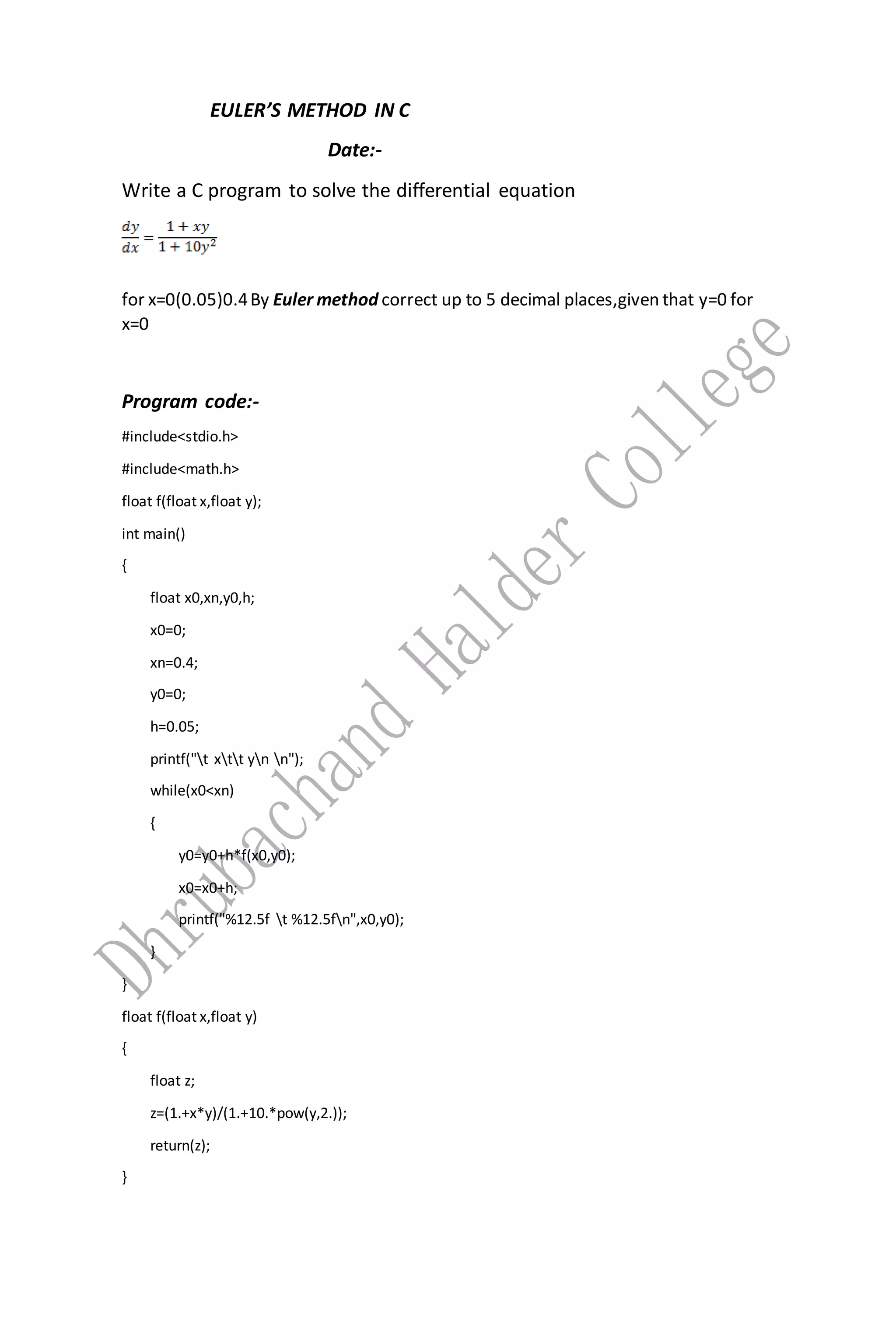 Euler method in c | DOCX | Physics | Science