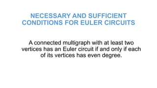 NECESSARY AND SUFFICIENT
CONDITIONS FOR EULER CIRCUITS
A connected multigraph with at least two
vertices has an Euler circuit if and only if each
of its vertices has even degree.
 