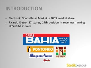 INTRODUCTION
● Electronic Goods Retail Market in 2003: market share
● Ricardo Eletro: 37 stores, 14th position in revenues ranking,
US$ 60 Mi in sales
 