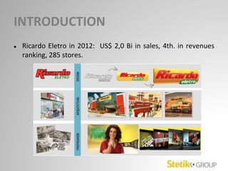 INTRODUCTION
● Ricardo Eletro in 2012: US$ 2,0 Bi in sales, 4th. in revenues
ranking, 285 stores.
 