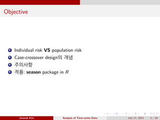 Objective
1 Individual risk VS population risk
2 Case-crossover design의 개념
3 주의사항
4 적용: season package in R
Jinseob Kim Analysis of Time-series Data July 17, 2015 3 / 30
 