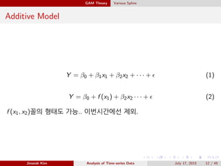 GAM Theory Various Spline
Additive Model
Y = β0 + β1x1 + β2x2 + · · · + (1)
Y = β0 + f (x1) + β2x2 · · · + (2)
f (x1, x2)꼴...