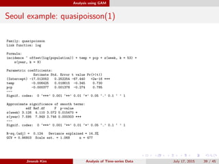 Analysis using GAM
Seoul example: quasipoisson(1)
Family: quasipoisson
Link function: log
Formula:
incidence ~ offset(log(...