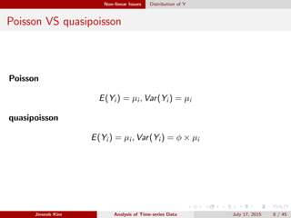 Non-linear Issues Distribution of Y
Poisson VS quasipoisson
Poisson
E(Yi ) = µi , Var(Yi ) = µi
quasipoisson
E(Yi ) = µi ,...
