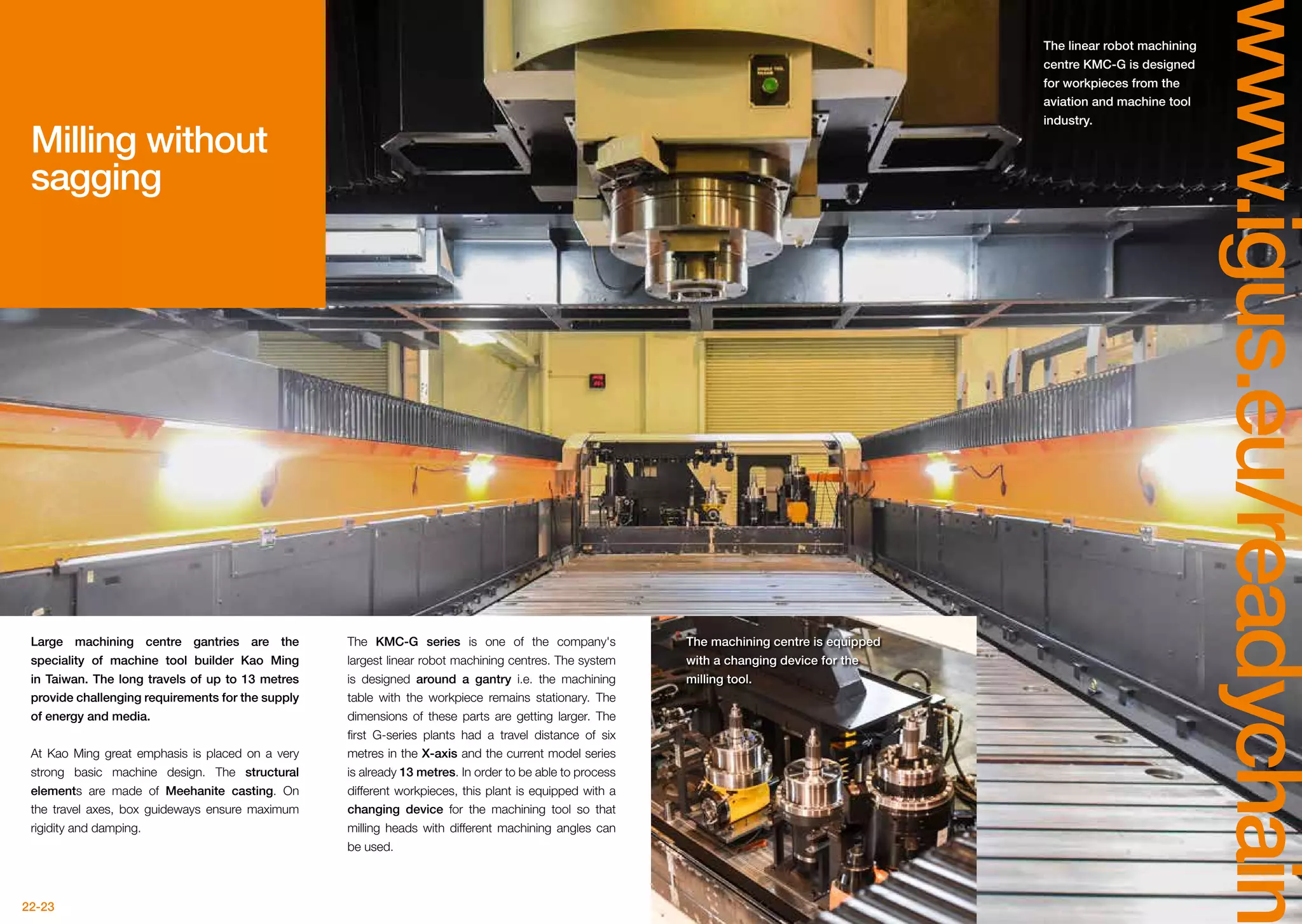 22-23
www.igus.eu/readychain
Milling without
sagging
Large machining centre gantries are the
speciality of machine tool builder Kao Ming
in Taiwan. The long travels of up to 13 metres
provide challenging requirements for the supply
of energy and media.
At Kao Ming great emphasis is placed on a very
strong basic machine design. The structural
elements are made of Meehanite casting. On
the travel axes, box guideways ensure maximum
rigidity and damping.
The linear robot machining
centre KMC-G is designed
for workpieces from the
aviation and machine tool
industry.
The machining centre is equipped
with a changing device for the
milling tool.
The KMC-G series is one of the company's
largest linear robot machining centres. The system
is designed around a gantry i.e. the machining
table with the workpiece remains stationary. The
dimensions of these parts are getting larger. The
first G-series plants had a travel distance of six
metres in the X-axis and the current model series
is already 13 metres. In order to be able to process
different workpieces, this plant is equipped with a
changing device for the machining tool so that
milling heads with different machining angles can
be used.
 