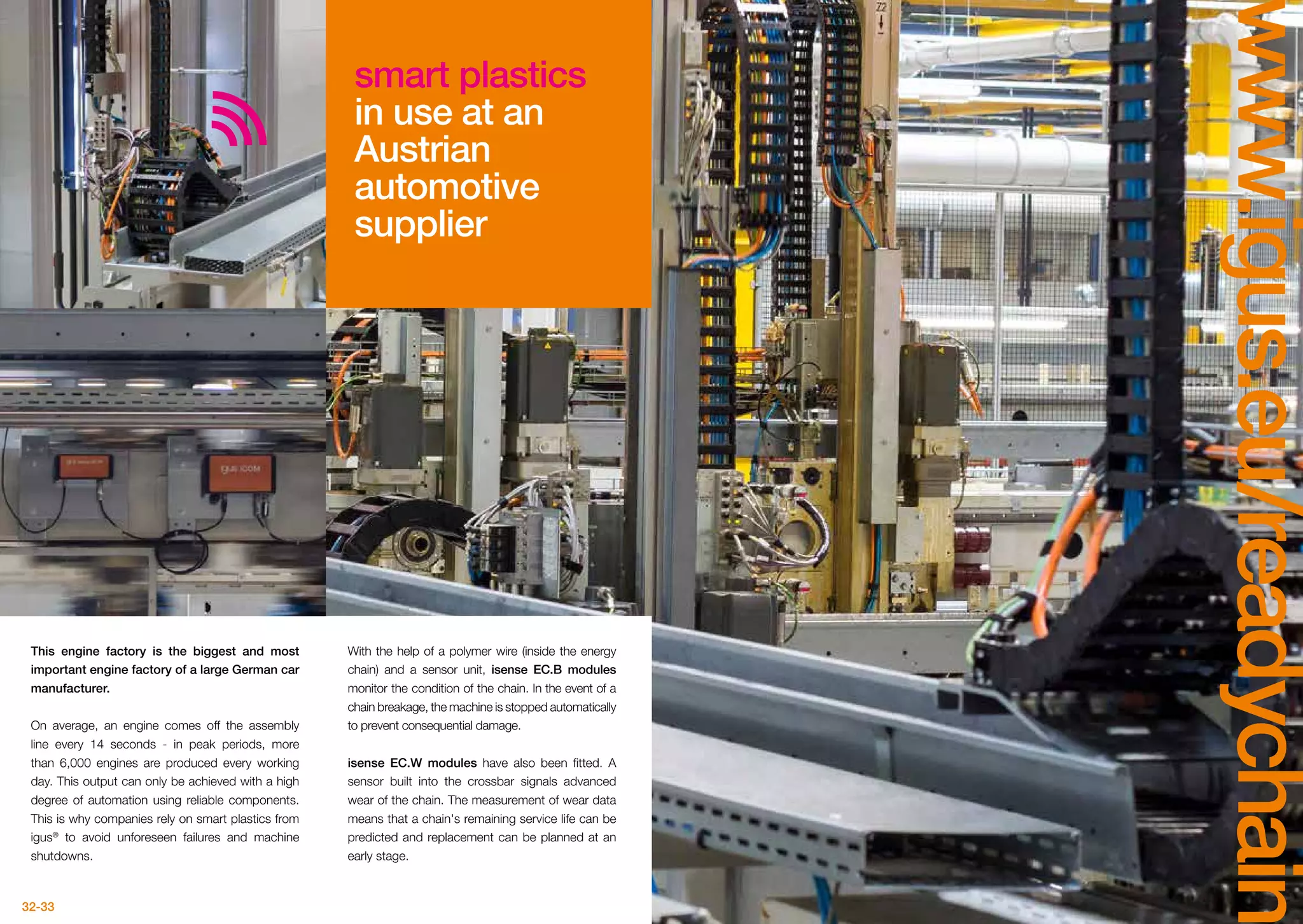 32-33
www.igus.eu/readychain
smart plastics
in use at an
Austrian
automotive
supplier
This engine factory is the biggest and most
important engine factory of a large German car
manufacturer.
On average, an engine comes off the assembly
line every 14 seconds - in peak periods, more
than 6,000 engines are produced every working
day. This output can only be achieved with a high
degree of automation using reliable components.
This is why companies rely on smart plastics from
igus®
to avoid unforeseen failures and machine
shutdowns.
With the help of a polymer wire (inside the energy
chain) and a sensor unit, isense EC.B modules
monitor the condition of the chain. In the event of a
chain breakage, the machine is stopped automatically
to prevent consequential damage.
isense EC.W modules have also been fitted. A
sensor built into the crossbar signals advanced
wear of the chain. The measurement of wear data
means that a chain's remaining service life can be
predicted and replacement can be planned at an
early stage.
 