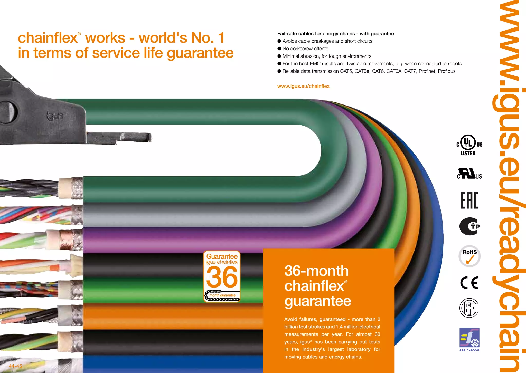 44-45
www.igus.eu/readychain
chainflex®
works - world's No. 1
in terms of service life guarantee
Fail-safe cables for energy chains - with guarantee
●● Avoids cable breakages and short circuits
●● No corkscrew effects
●● Minimal abrasion, for tough environments
●● For the best EMC results and twistable movements, e.g. when connected to robots
●● Reliable data transmission CAT5, CAT5e, CAT6, CAT6A, CAT7, Profinet, Profibus
www.igus.eu/chainflex
36-month
chainflex®
guarantee
Avoid failures, guaranteed - more than 2
billion test strokes and 1.4 million electrical
measurements per year. For almost 30
years, igus®
has been carrying out tests
in the industry's largest laboratory for
moving cables and energy chains.
Guarantee
month guarantee
 
