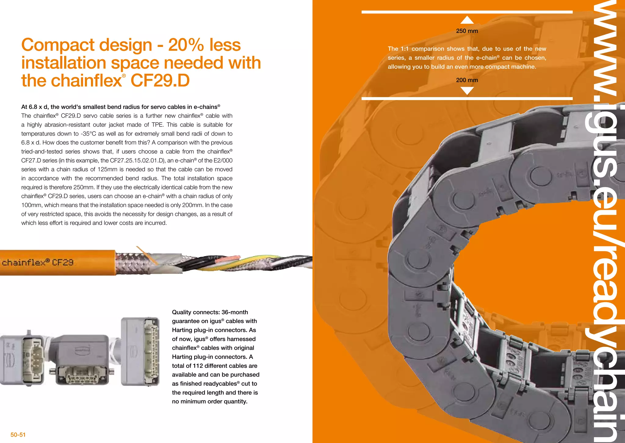 200 mm
250 mm
50-51
www.igus.eu/readychain
Compact design - 20% less
installation space needed with
the chainflex®
CF29.D
At 6.8 x d, the world's smallest bend radius for servo cables in e-chains®
The chainflex®
CF29.D servo cable series is a further new chainflex®
cable with
a highly abrasion-resistant outer jacket made of TPE. This cable is suitable for
temperatures down to -35°C as well as for extremely small bend radii of down to
6.8 x d. How does the customer benefit from this? A comparison with the previous
tried-and-tested series shows that, if users choose a cable from the chainflex®
CF27.D series (in this example, the CF27.25.15.02.01.D), an e-chain®
of the E2/000
series with a chain radius of 125mm is needed so that the cable can be moved
in accordance with the recommended bend radius. The total installation space
required is therefore 250mm. If they use the electrically identical cable from the new
chainflex®
CF29.D series, users can choose an e-chain®
with a chain radius of only
100mm, which means that the installation space needed is only 200mm. In the case
of very restricted space, this avoids the necessity for design changes, as a result of
which less effort is required and lower costs are incurred.
Quality connects: 36-month
guarantee on igus®
cables with
Harting plug-in connectors. As
of now, igus®
offers harnessed
chainflex®
cables with original
Harting plug-in connectors. A
total of 112 different cables are
available and can be purchased
as finished readycables®
cut to
the required length and there is
no minimum order quantity.
The 1:1 comparison shows that, due to use of the new
series, a smaller radius of the e-chain®
can be chosen,
allowing you to build an even more compact machine.
 