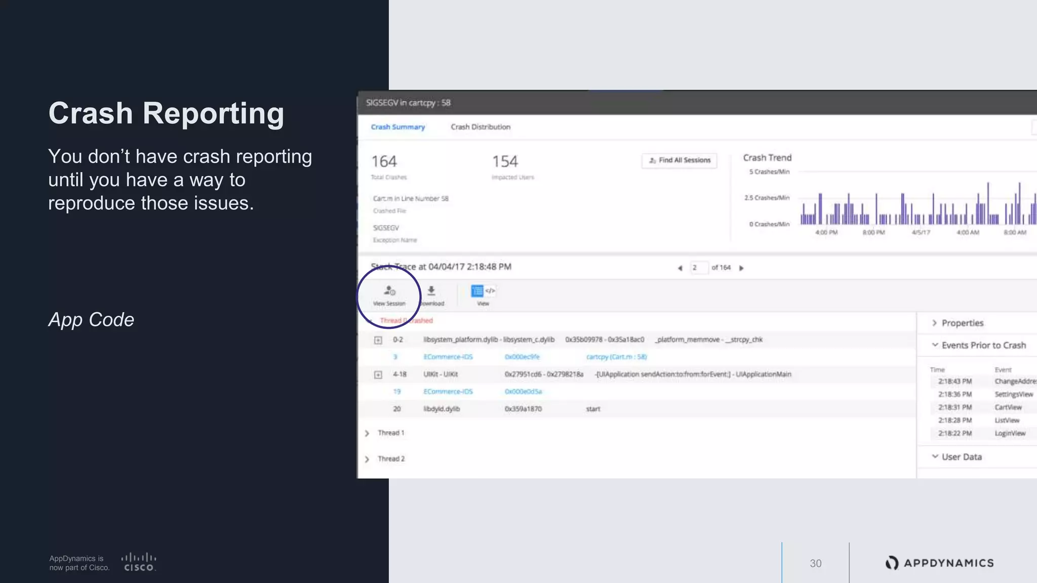 AppDynamics is
now part of Cisco.
Crash Reporting
30
You don’t have crash reporting
until you have a way to
reproduce those issues.
App Code
 