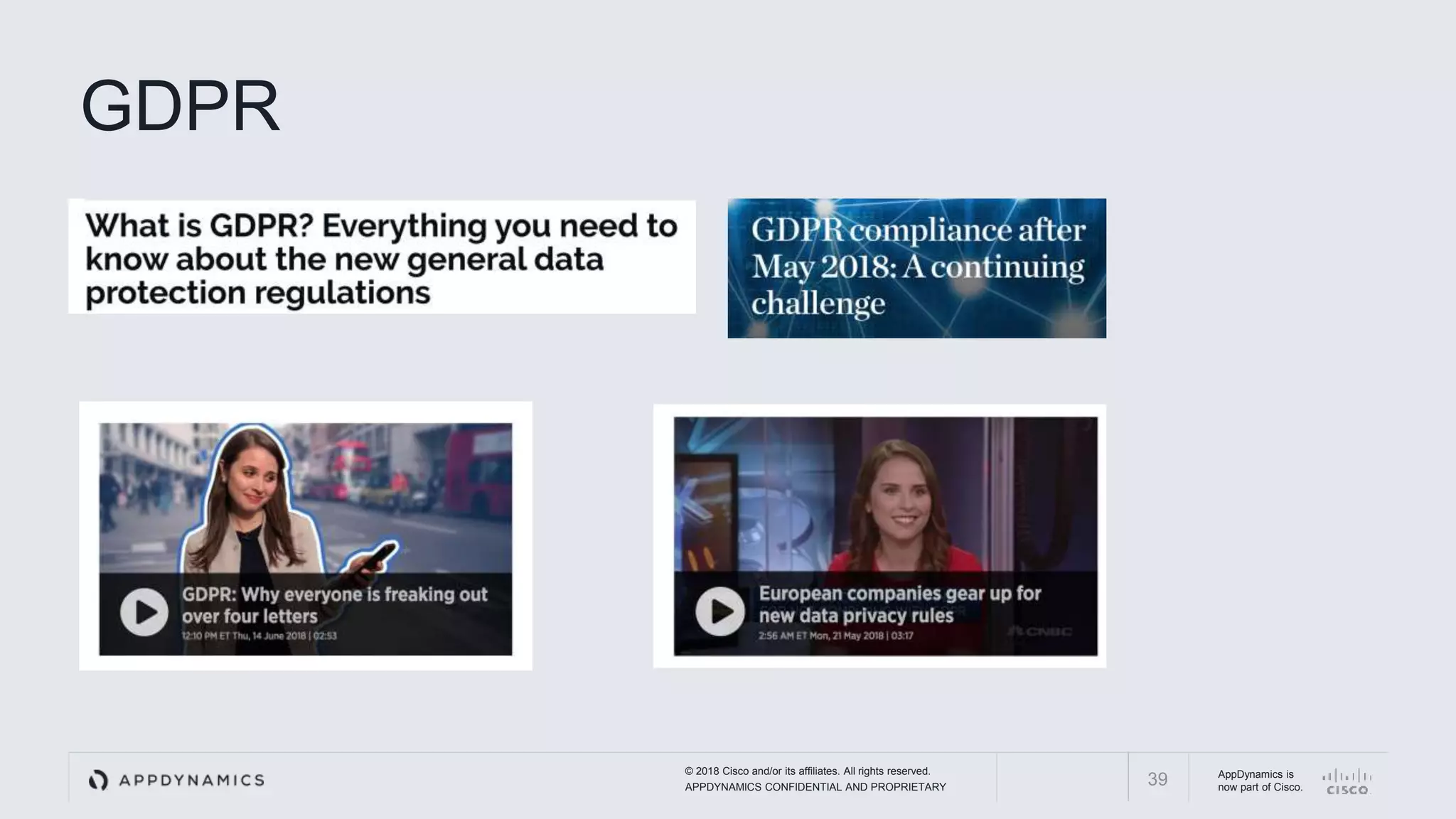 © 2018 Cisco and/or its affiliates. All rights reserved.
APPDYNAMICS CONFIDENTIAL AND PROPRIETARY
AppDynamics is
now part of Cisco.39
GDPR
 