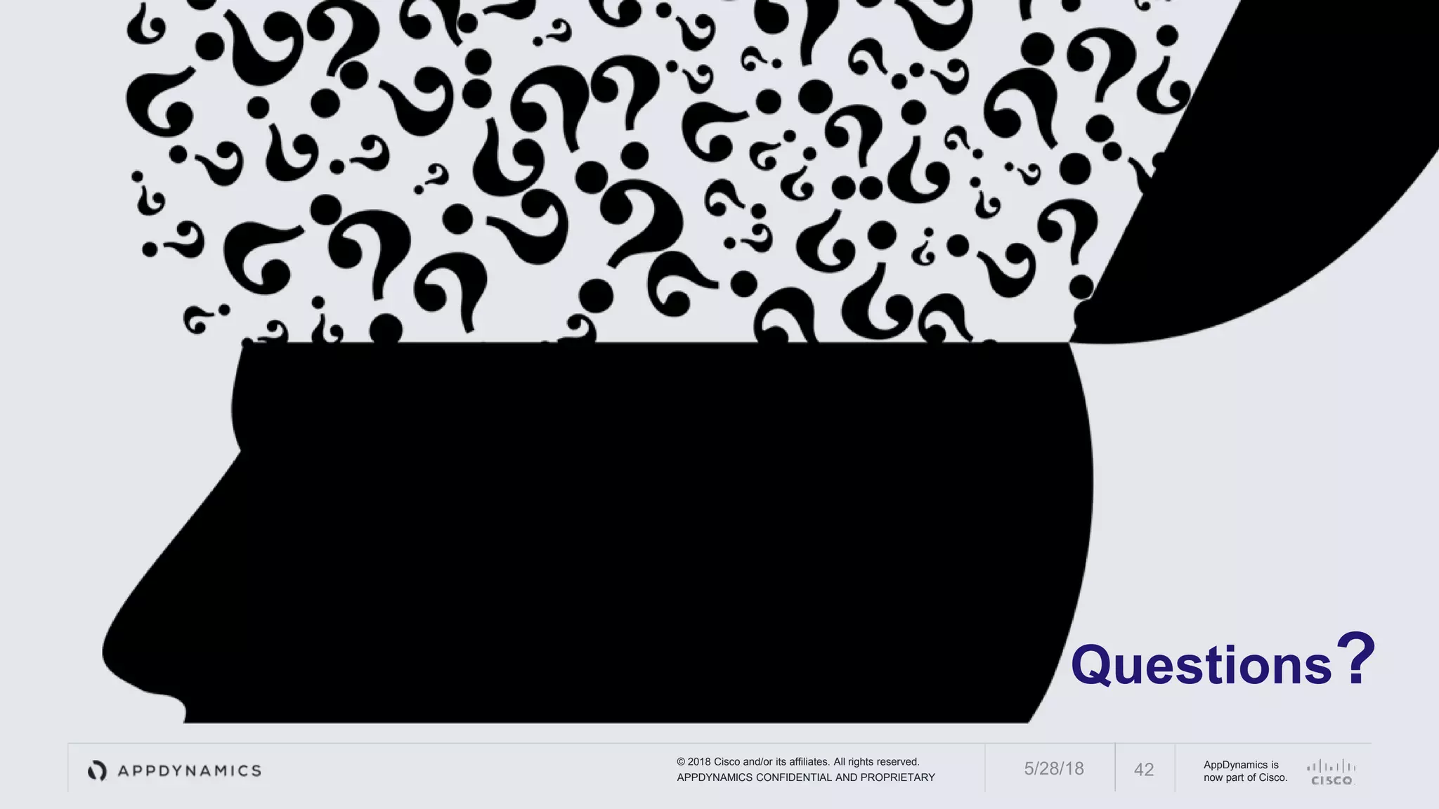 © 2018 Cisco and/or its affiliates. All rights reserved.
APPDYNAMICS CONFIDENTIAL AND PROPRIETARY
AppDynamics is
now part of Cisco.
Questions?
425/28/18
 