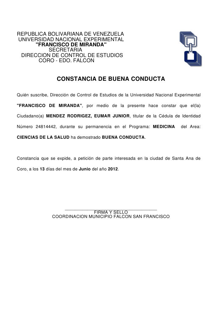 Carta De Buena Conducta Universidad  New Sample t
