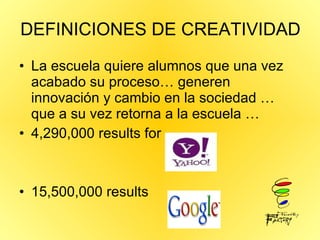 DEFINICIONES DE CREATIVIDAD  La escuela quiere alumnos que una vez acabado su proceso… generen innovación y cambio en la sociedad … que a su vez retorna a la escuela …  4,290,000 results for 15,500,000 results  