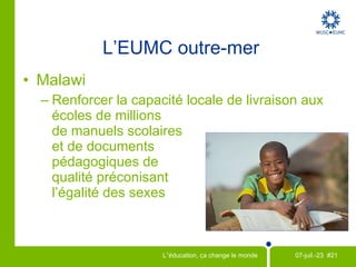 Sécurité alimentaire  Sur les campus Outre-mer Initiative de recherche sur les radios rurales en Afrique (IRRRA) En partenariat avec l'EUMC, mise en oeuvre par  Radios Rurales Internationales , financée par la Fondation Bill et Melinda Gates Évaluer l’efficacité des radios rurales en vue d’atteindre les objectifs de sécurité alimentaire dans les ménages agricoles ruraux au Ghana, au Malawi, au Mali, en Tanzanie et en Ouganda. Les comités locaux recueillent des fonds pour doter les radio-diffuseurs africains d’enregistreuses  MP3 (100 $ pièce), qui contribuent à diffuser des renseignements valables sur les pratiques agricoles et permettent aux agriculteurs de faire entende leur voix. MP3.FM 