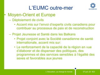 Objectifs du Millénaire pour le développement Sur les campus Outre-mer Sri Lanka :  Programme de réadaptation par l’éducation et la formation (PRÉF) Améliorer les aptitudes de formateurs professionnels pour dispenser une formation de qualité aux femmes et aux jeunes à faible revenu (OMD 3 :  Promouvoir l'égalité des sexes et l'autonomisation des femmes ) Les comités locaux organisent des événements pendant la campagne  ‘Debout et Agissez’ , la  Semaine   internationale du développement   ou les   Journées québécoises de la solidarité. GOALS 