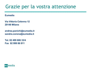 Grazie per la vostra attenzione Eumedia  Via Vittoria Colonna 12 20149 Milano andrea.panichi@eumedia.it  [email_address] Tel. 02 499 606 33/4  Fax  02 999 86 811 
