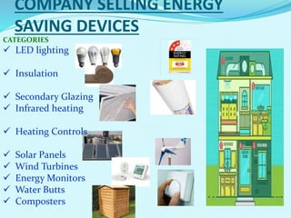 COMPANY SELLING ENERGY
SAVING DEVICES
CATEGORIES
 LED lighting
 Insulation
 Secondary Glazing
 Infrared heating
 Heating Controls
 Solar Panels
 Wind Turbines
 Energy Monitors
 Water Butts
 Composters
 