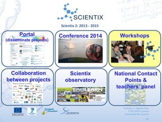 Scientix 2 | Agueda Gras
27/01/2014 | Leuven
Association KU Leuven
23
Scientix 2: 2013 - 2015
Conference 2014Portal
(disseminate projects)
Workshops
Scientix
observatory
Collaboration
between projects
National Contact
Points &
teachers’ panel
 