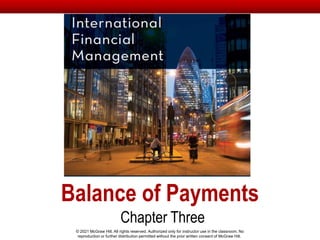 Balance of Payments
Chapter Three
© 2021 McGraw Hill. All rights reserved. Authorized only for instructor use in the classroom. No
reproduction or further distribution permitted without the prior written consent of McGraw Hill.
 