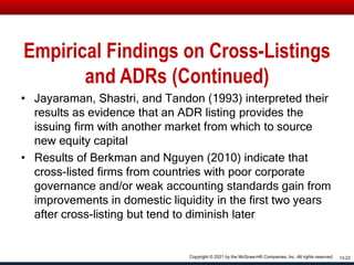 Empirical Findings on Cross-Listings
and ADRs (Continued)
• Jayaraman, Shastri, and Tandon (1993) interpreted their
results as evidence that an ADR listing provides the
issuing firm with another market from which to source
new equity capital
• Results of Berkman and Nguyen (2010) indicate that
cross-listed firms from countries with poor corporate
governance and/or weak accounting standards gain from
improvements in domestic liquidity in the first two years
after cross-listing but tend to diminish later
13-22
Copyright © 2021 by the McGraw-Hill Companies, Inc. All rights reserved.
 